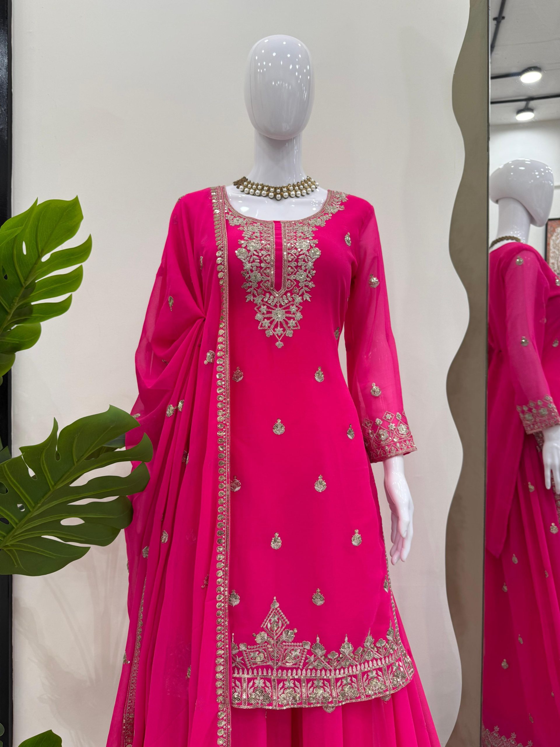 Elegant Foux Georgette Embroidered Palazzo Suit Set - Hot Pink - Image 14
