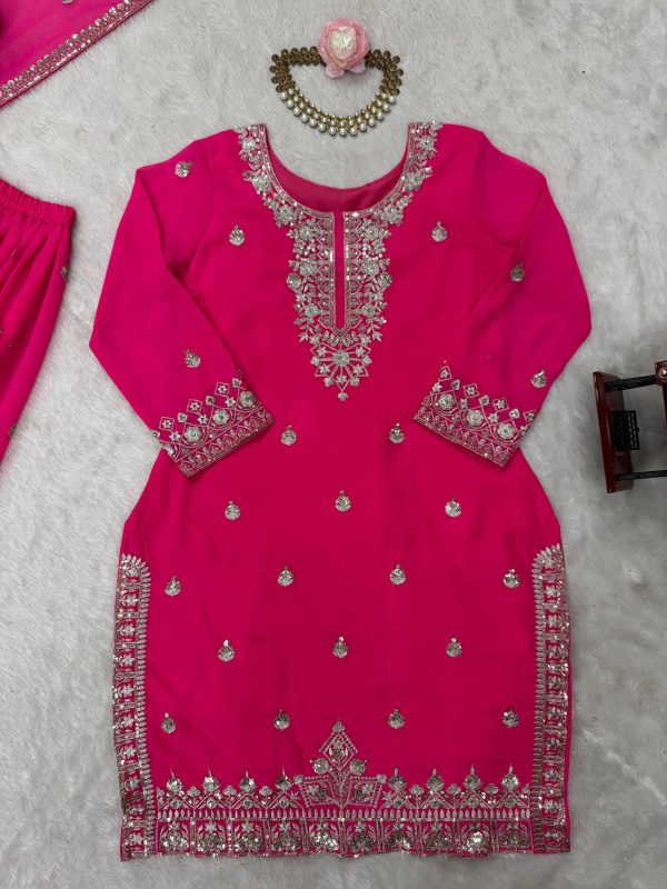 Elegant Foux Georgette Embroidered Palazzo Suit Set - Hot Pink - Image 15
