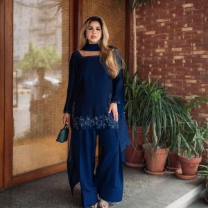 Alternative view of Elegant Navy Crepe-Silk Farshi Set