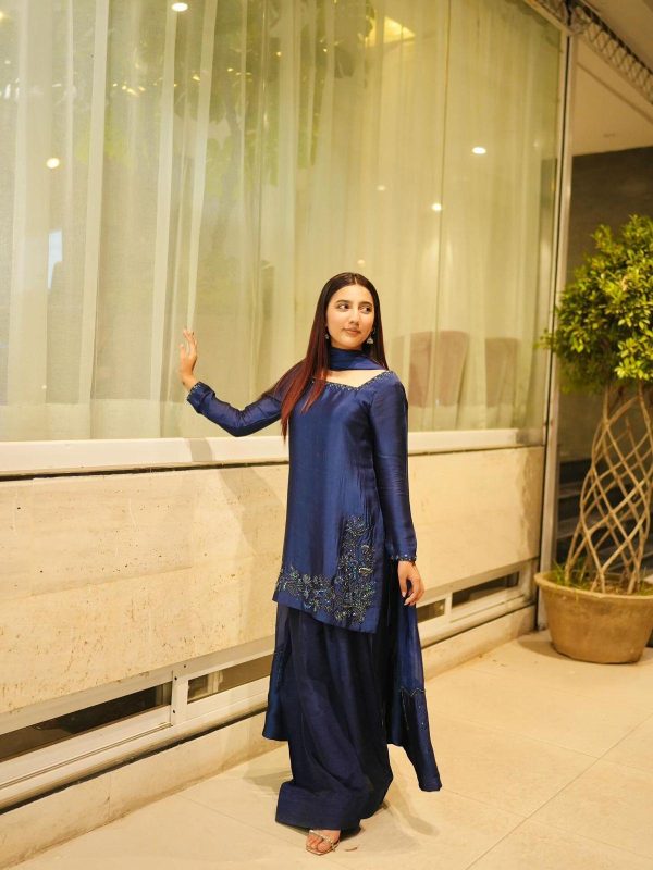 Elegant Navy Crepe-Silk Farshi Set