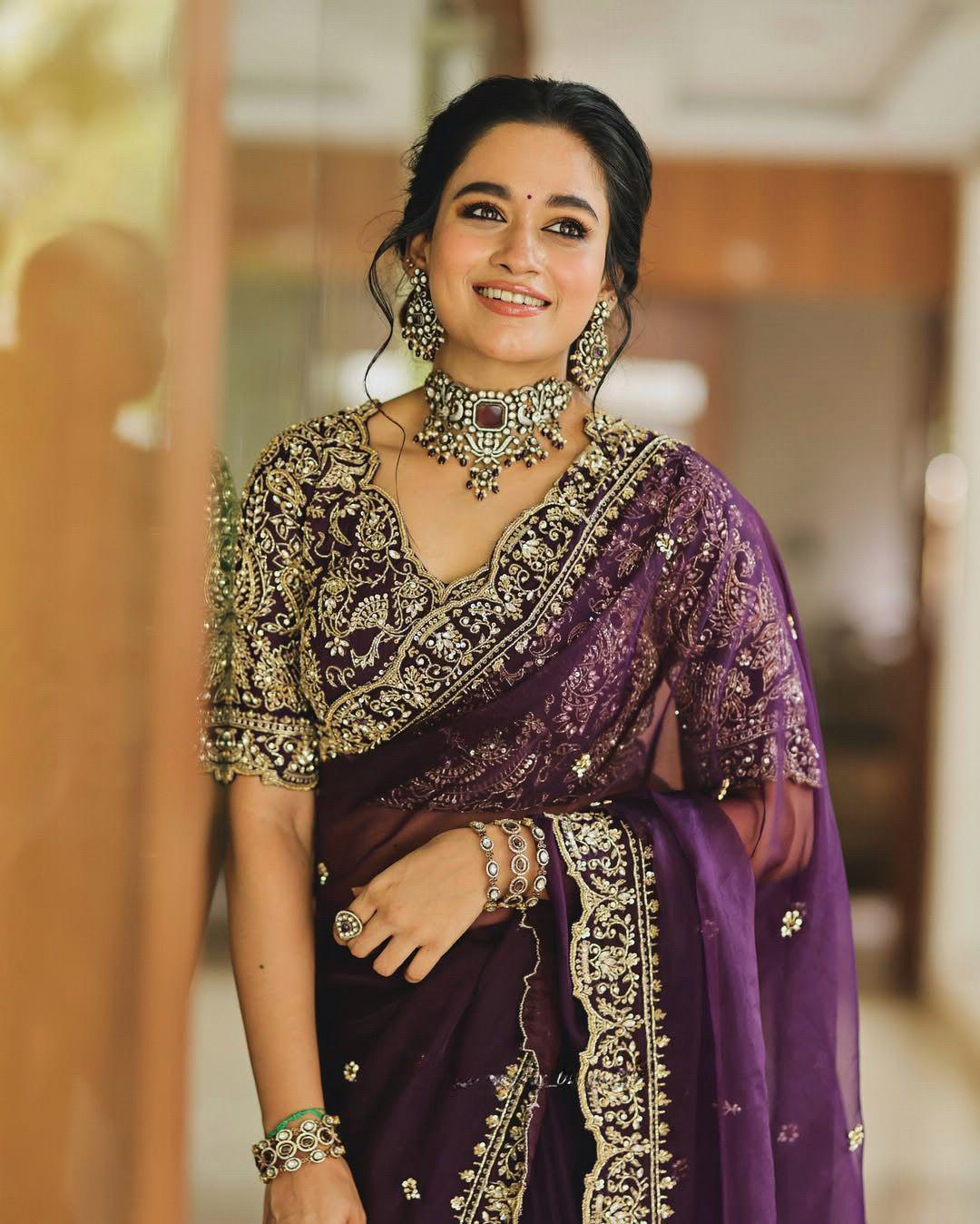 Celebrity-Inspired Jimichu Satin Saree - Deep Purple