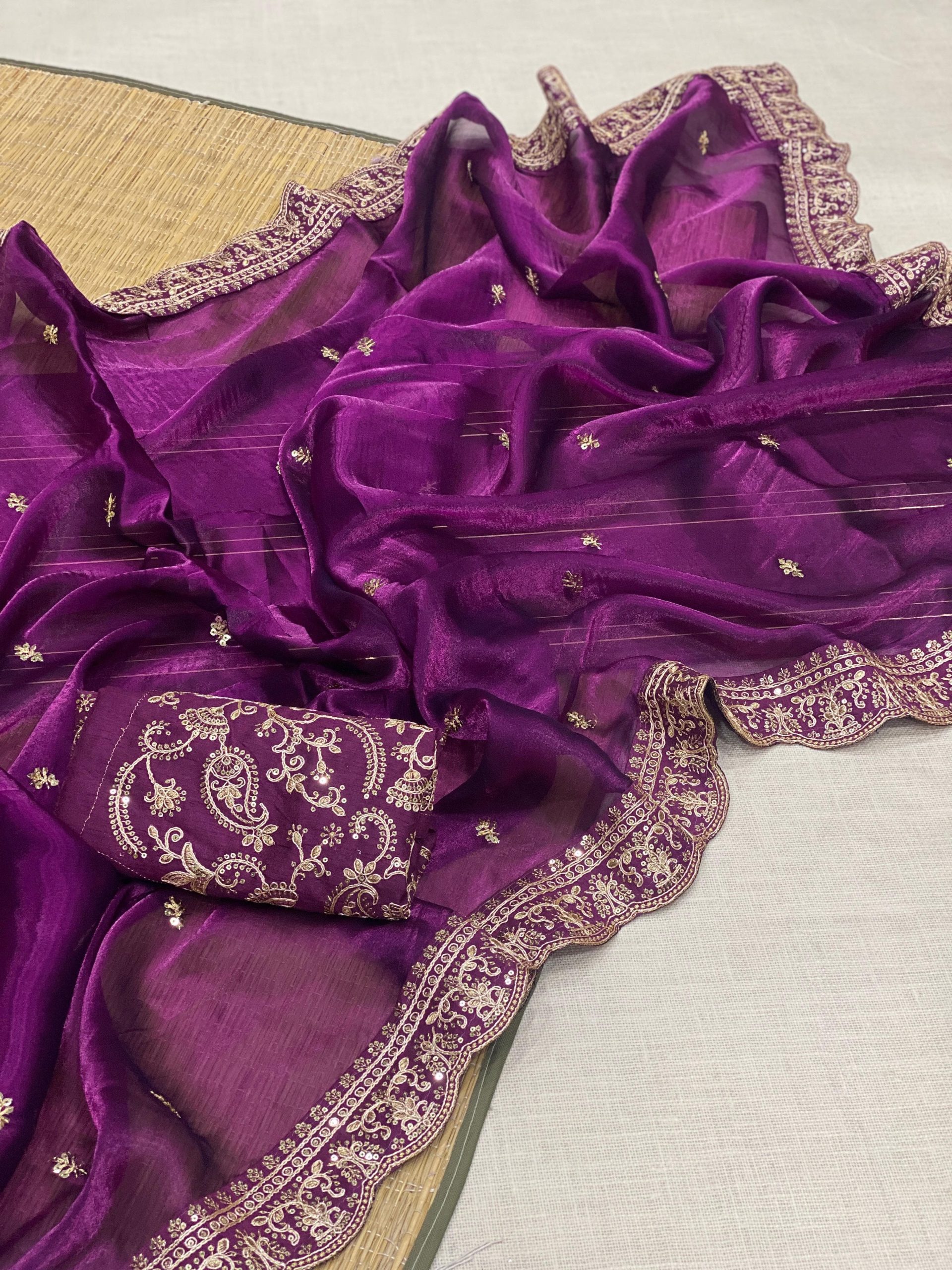 Celebrity-Inspired Jimichu Satin Saree - Deep Purple - Image 2