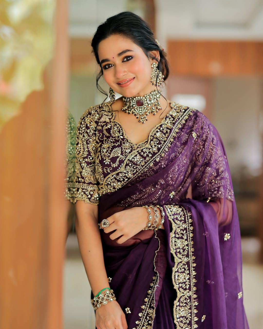 Celebrity-Inspired Jimichu Satin Saree - Deep Purple - Image 3