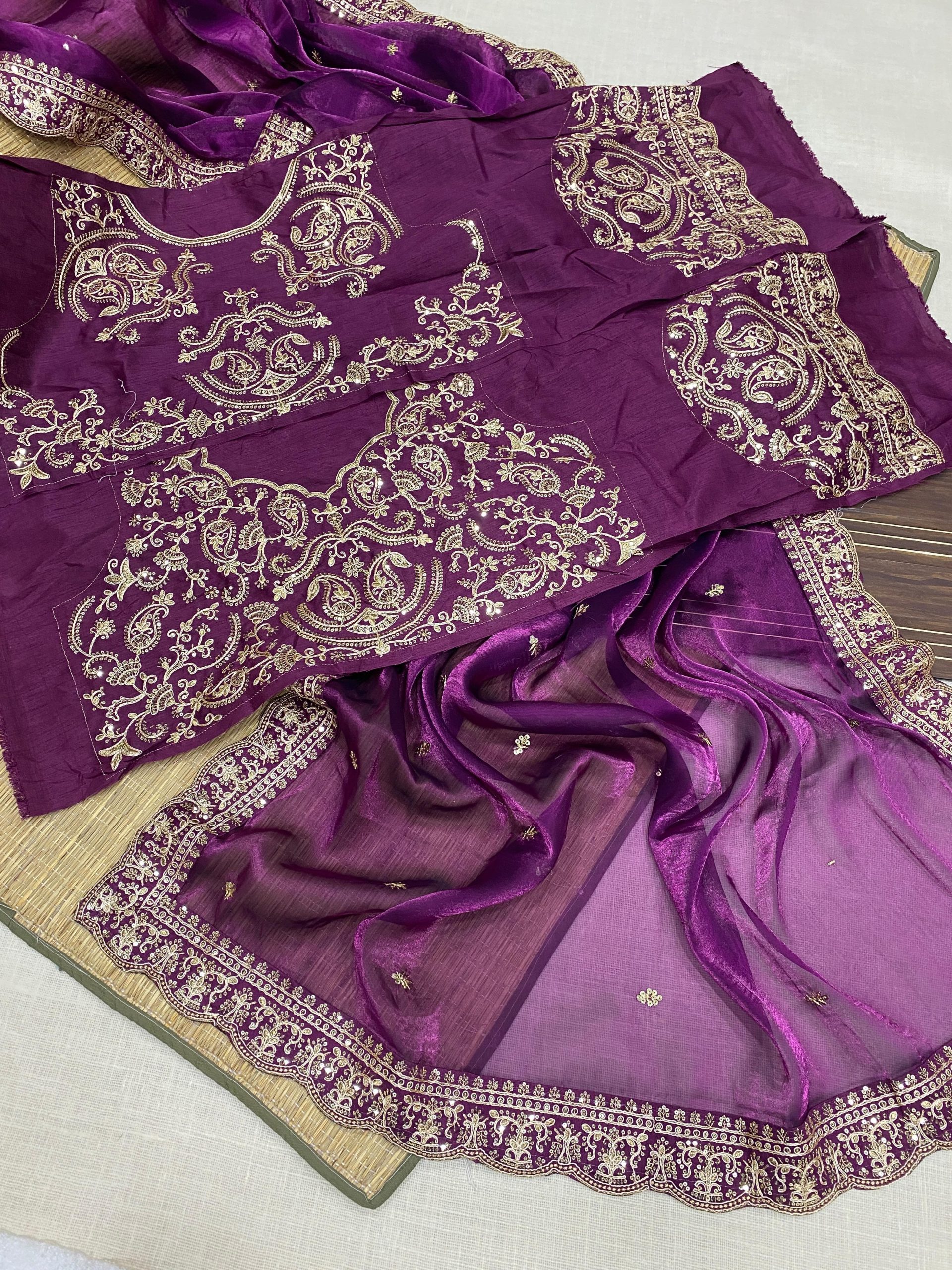 Celebrity-Inspired Jimichu Satin Saree - Deep Purple - Image 4